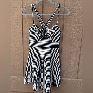 Material Girl Striped Fit & Flare Dress Sweetheart Neck Bow Gold Accent M